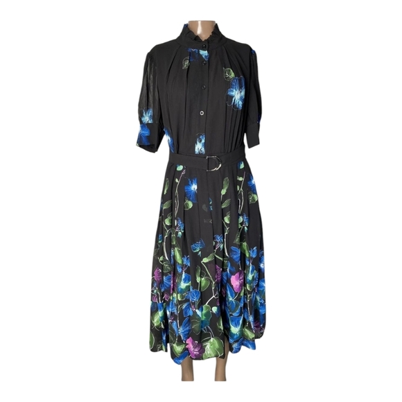 Gracia Womens Maxi Dress Black Size L Blue Purple Floral Belted Fit & Flare - Picture 4 of 13